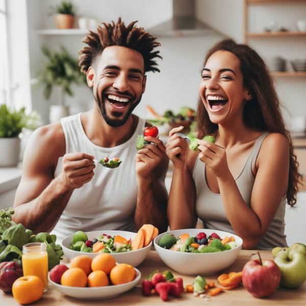 The couple looking happy eating healthy. Keto diet.