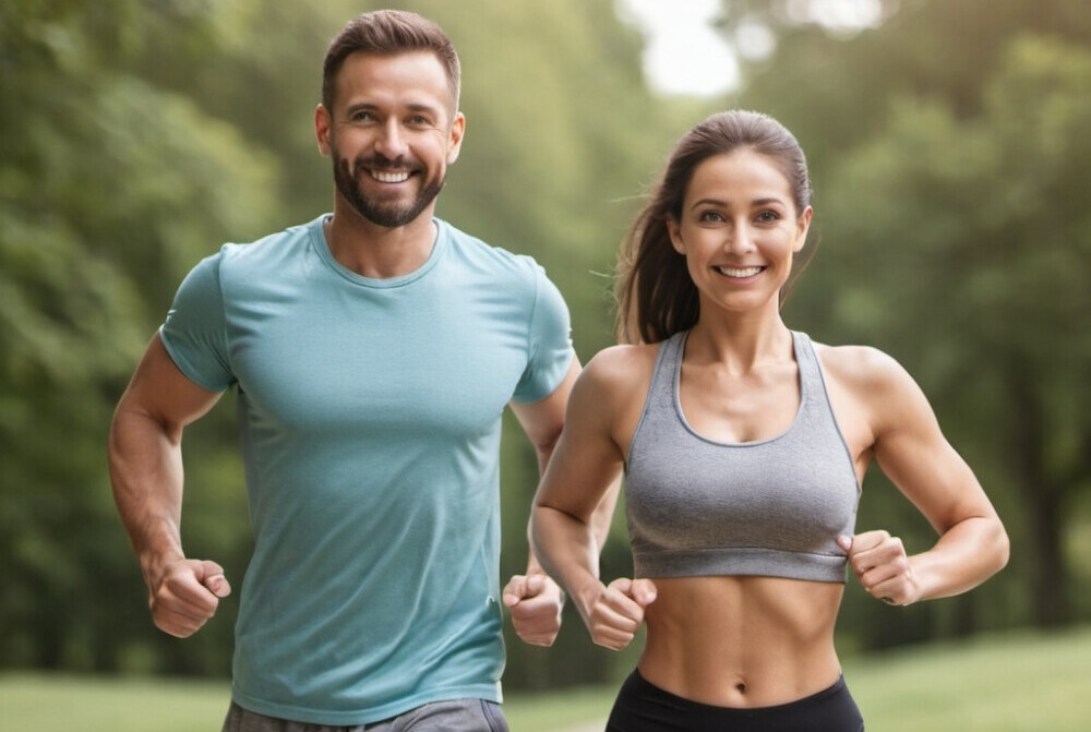 A good-looking man and a cute woman are looking happy after weight loss.