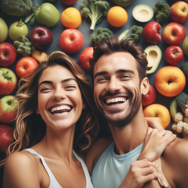 A good-looking man and a cute woman are looking happy after eating healthy.