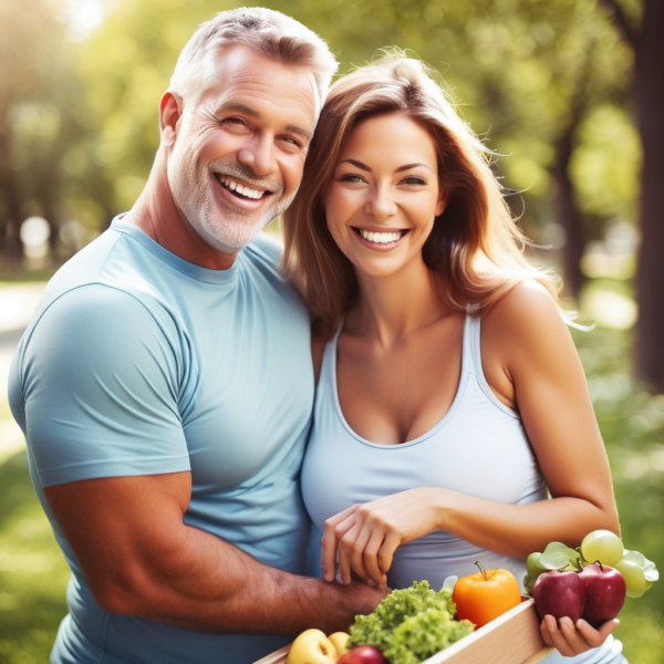 A good-looking man and a cute woman are looking happy after eating healthy.