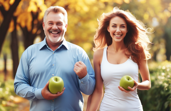 A good-looking man and a cute woman are looking happy after weight loss.