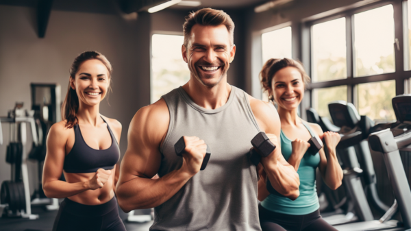 A good-looking man and a cute woman are looking happy after working out.