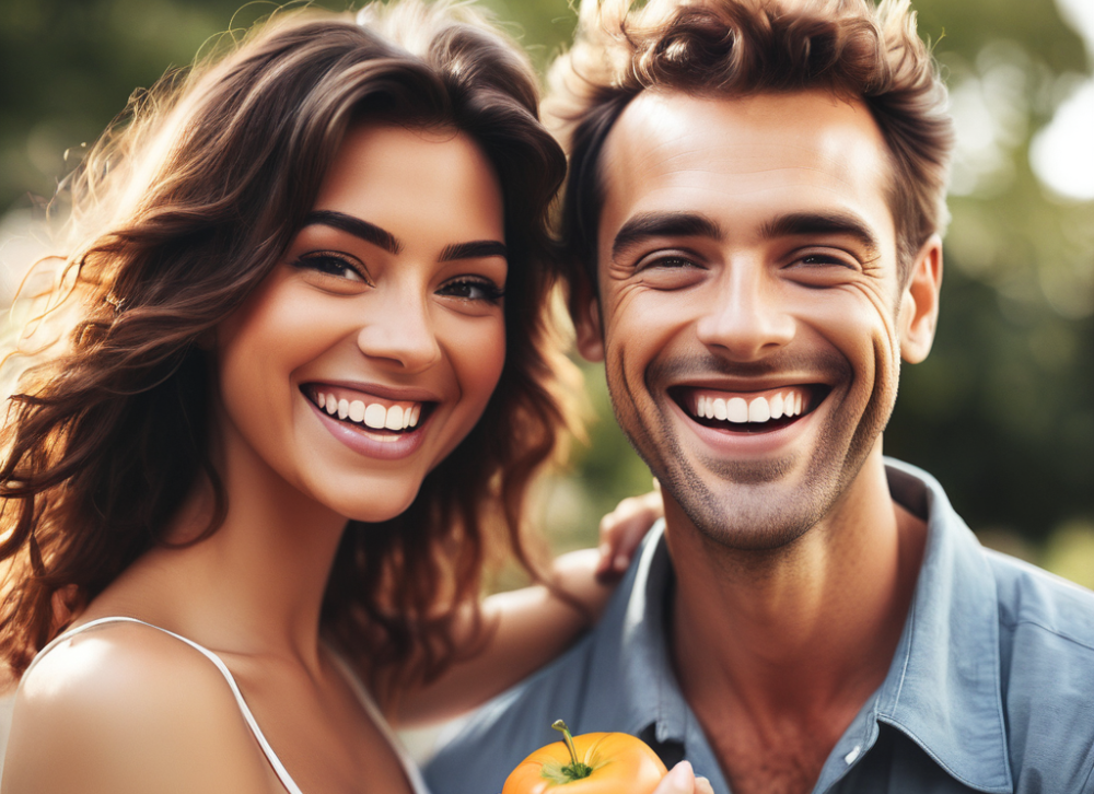 A good-looking man and a cute woman are looking happy after eating healthy.