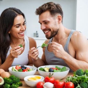 A good-looking man and a cute woman eat healthy food. Keto Diet. Weight loss. 