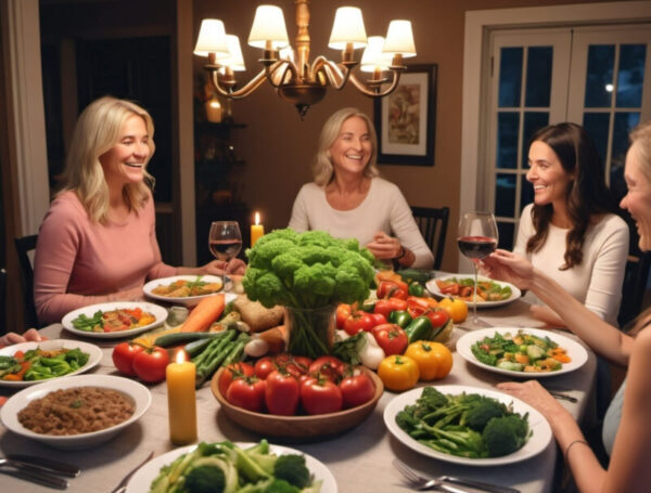 Three women are eating healthy food. Keto diet. Weight loss.