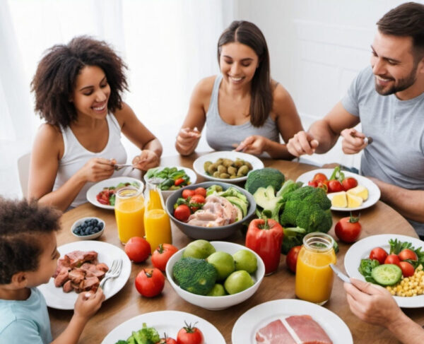 A good-looking man and a cute woman are looking happy after eating healthy.