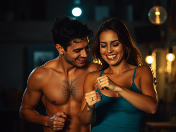 A good-looking man and a cute woman are looking happy after weight loss.