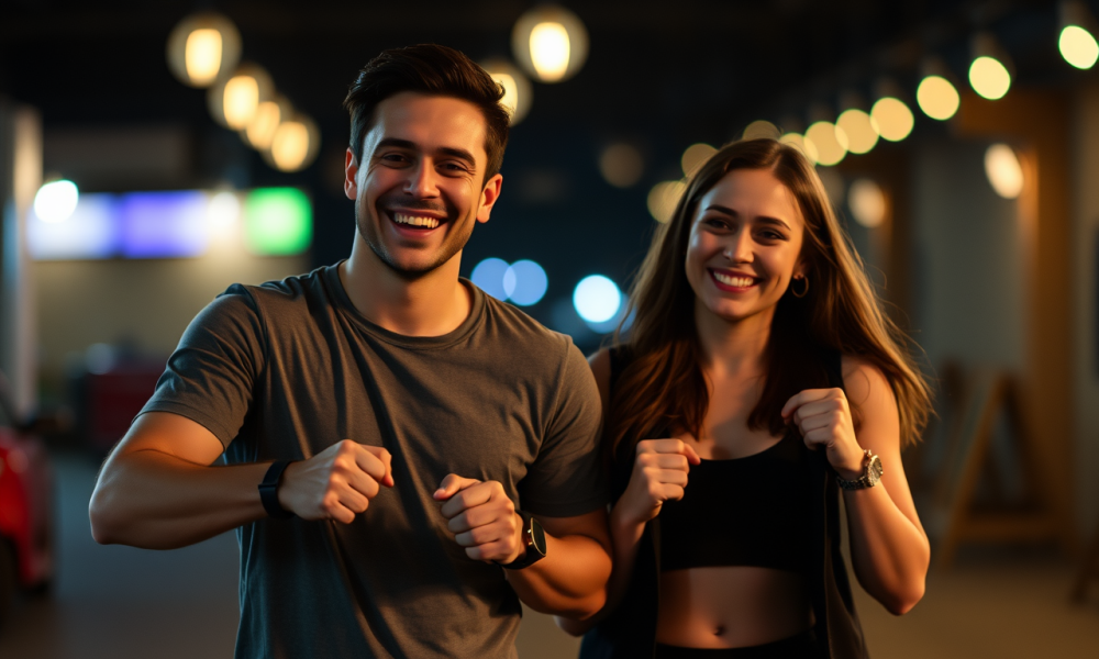 A couple are looking happy after weight loss.