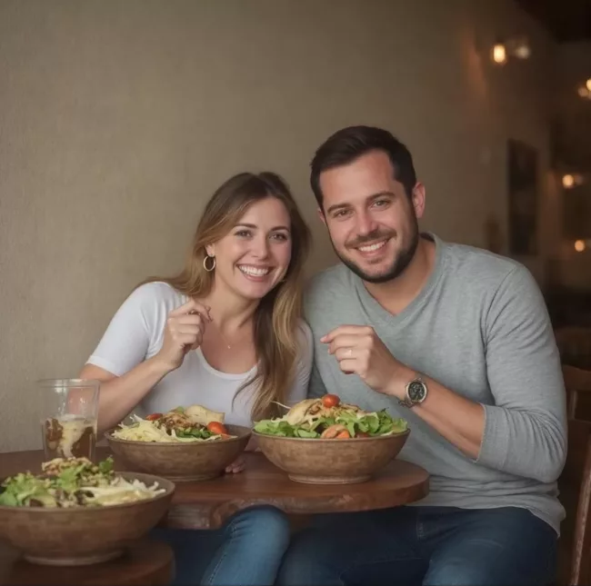 Good0looking looking couple eating out on Keto. Keto Diet