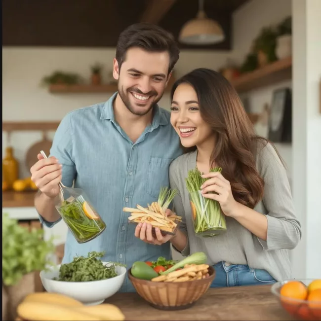 Happy couple eating healthy food. Keto Diet.