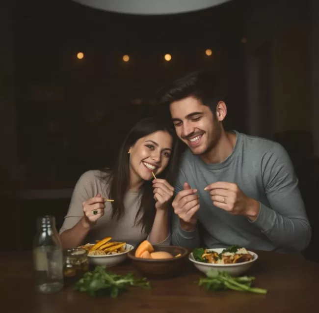 Happy Good Looking Couple Eating Out Healthy on Keto