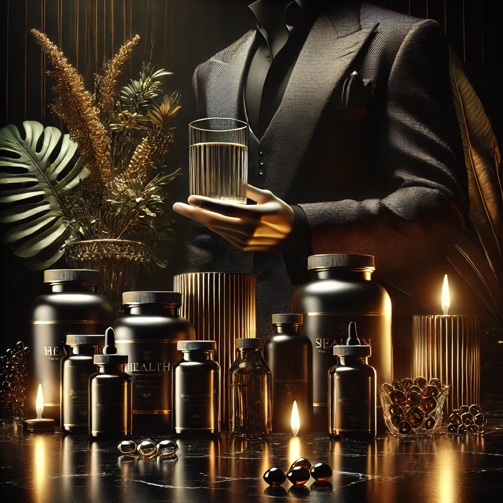 A Luxurious And Dark Themed Illustration Representing Health And Happiness With Supplements. The Scene Features An Elegant Arrangement Of High Quality