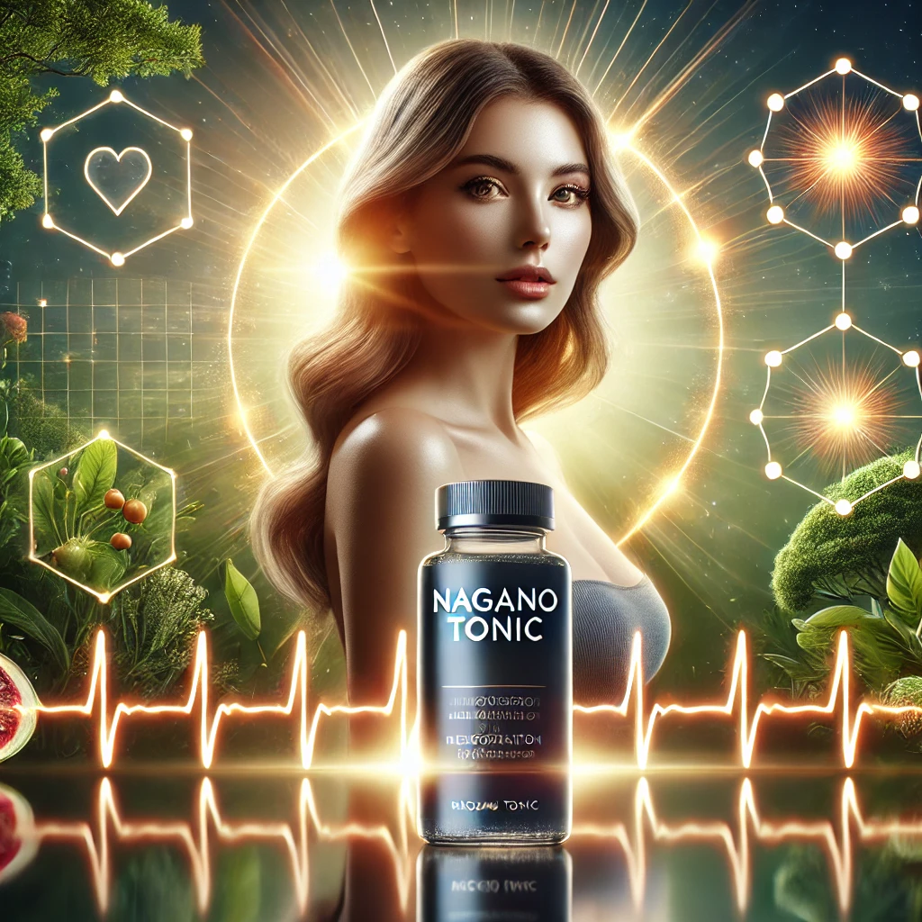 A Visually Striking Image Illustrating The Transformative Power Of Nagano Tonic. The Centerpiece Features A Pretty, Young Woman With Glowing, Healthy