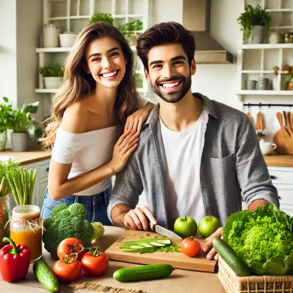 #myvitalitywelnesshub A Happy Young Couple Preparing A Healthy Meal Together In A Bright, Modern Kitchen. They Are Smiling And Surrounded By Fresh Vegetables, Fruits, And O