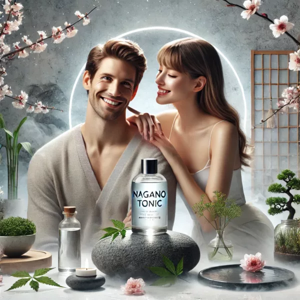 #myvitalitywelnesshub A Serene And Elegant Scene Showcasing Nagano Tonic And Anti Aging Elements, Featuring A Young, Happy Couple. The Setting Includes A Minimalist Japanes