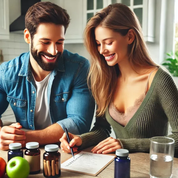 #myvitalitywelnesshub A Happy Couple Sitting At A Kitchen Table, Looking At Different Supplement Bottles And Discussing Their Choices. The Man Has Short Brown Hair And A Be