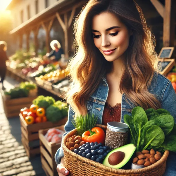 #myvitalitywelnesshub A Highly Realistic, Nikon Style Photograph Of A Young Woman In Her Mid 20s With A Radiant, Healthy Glow, Shopping For Fresh Superfoods At A Lively Far