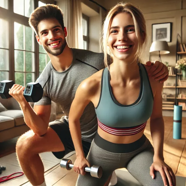 #myvitalitywelnesshub A Highly Realistic Close Up Image Of A Happy Couple Working Out Together At Home. The Couple, Dressed In Athletic Wear, Is Smiling And Engaged In Exer