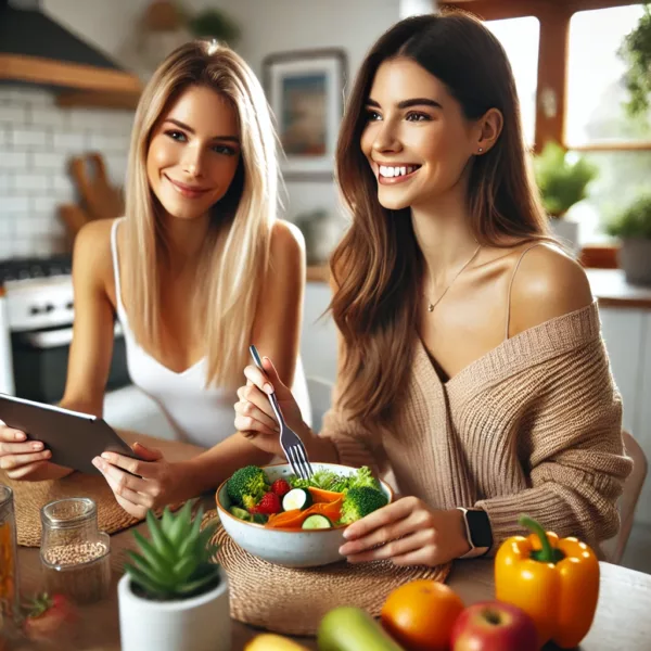 #myvitalitywelnesshub A Realistic, Nikon Style Photograph Of Two Young, Healthy Women Sitting At A Bright, Modern Kitchen Table. They Are Smiling And Engaged In Conversatio